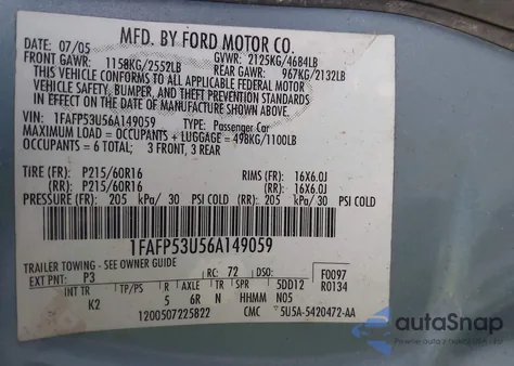 2006 Ford Taurus Se z USA, uszkodzony, nr VIN 1FAFP53U56A149059